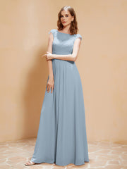 Illusion Chiffon und Spitze Cap-Ärmel Kleid Staubiges Blau