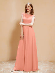 Illusion Chiffon und Spitze Cap-Ärmel Kleid Papaya