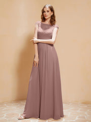 Illusion Chiffon und Spitze Cap-Ärmel Kleid Vintage Mauve