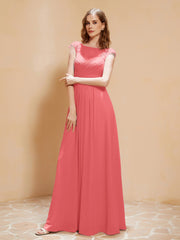 Illusion Chiffon und Spitze Cap-Ärmel Kleid Wassermelone