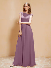Illusion Chiffon und Spitze Cap-Ärmel Kleid Blauregen