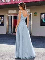 Korsett Oberteil A-Linie Tüll Kleid Staubiges Blau
