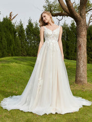 V-Ausschnitt Applique Kapelle Zug Brautkleid Champagner