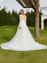 V-Ausschnitt Applique Kapelle Zug Brautkleid Elfenbein/Champagner