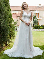 V-Ausschnitt Applique Kapelle Zug Brautkleid Elfenbein/Champagner