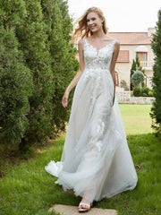 V-Ausschnitt Applique Kapelle Zug Brautkleid Champagner