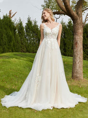 V-Ausschnitt Applique Kapelle Zug Brautkleid Elfenbein/Champagner