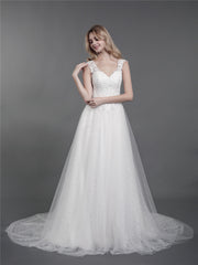 Spitze Brautkleid mit Schulterträger und Schleppe Weiß