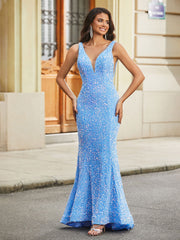 Tiefer V-Ausschnitt Meerjungfrau Pailletten Ballkleid Blau