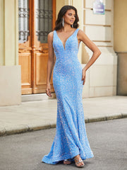 Tiefer V-Ausschnitt Meerjungfrau Pailletten Ballkleid Blau