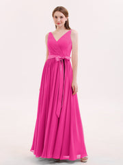 V-Ausschnitt Chiffon Brautjungfernkleid mit Satin Schärpen Bowknot Fuchsia