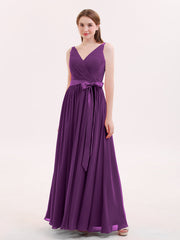 V-Ausschnitt Chiffon Brautjungfernkleid mit Satin Schärpen Bowknot Traube