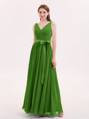 V-Ausschnitt Chiffon Brautjungfernkleid mit Satin Schärpen Bowknot Moos