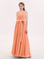 V-Ausschnitt Chiffon Brautjungfernkleid mit Satin Schärpen Bowknot Papaya