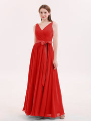 V-Ausschnitt Chiffon Brautjungfernkleid mit Satin Schärpen Bowknot Rot