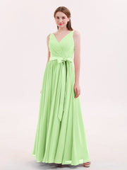 V-Ausschnitt Chiffon Brautjungfernkleid mit Satin Schärpen Bowknot Salbei