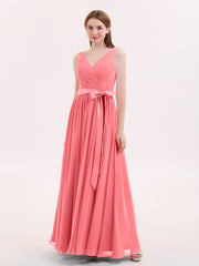 V-Ausschnitt Chiffon Brautjungfernkleid mit Satin Schärpen Bowknot Wassermelone