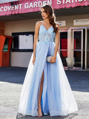 V-Ausschnitt Korsett Oberteil Tüll Kleid Himmelblau