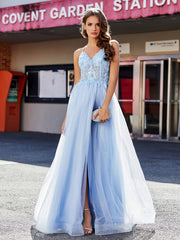 V-Ausschnitt Korsett Oberteil Tüll Kleid Himmelblau