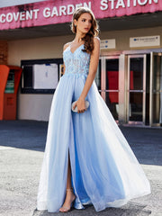 V-Ausschnitt Korsett Oberteil Tüll Kleid Himmelblau