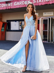 V-Ausschnitt Korsett Oberteil Tüll Kleid Himmelblau