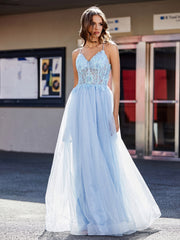 V-Ausschnitt Korsett Oberteil Tüll Kleid Himmelblau