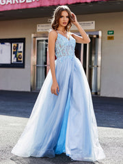 V-Ausschnitt Korsett Oberteil Tüll Kleid Himmelblau Übergröße