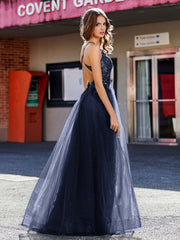 V-Ausschnitt Korsett Oberteil Tüll Kleid Dunkelmarine