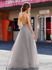 V-Ausschnitt Korsett Oberteil Tüll Kleid Silber