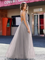 V-Ausschnitt Korsett Oberteil Tüll Kleid Silber
