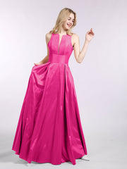 A-Linie Tafte Lang Kleid mit Tasche Fuchsia