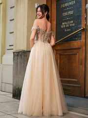 Schillernde Pailletten Schulterfrei Maxi Kleid Champagner