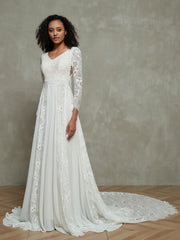 Chiffon und Spitze Boho Brautkleider mit langen Ärmeln Als Bild