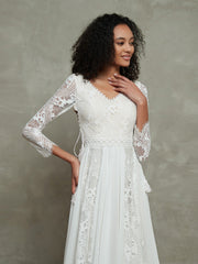 Chiffon und Spitze Boho Brautkleider mit langen Ärmeln Elfenbein