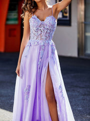 A-Linie Applique Oberteil Tüll Kleid mit Schlitz Lila Übergröße
