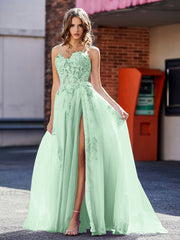 A-Linie Applique Oberteil Tüll Kleid mit Schlitz Minzgrün Übergröße