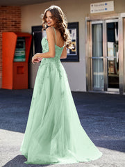 A-Linie Applique Oberteil Tüll Kleid mit Schlitz Minzgrün