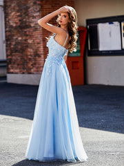 Blume Applique Rüschen Rock Tüll Kleid Himmelblau