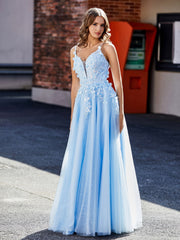 Blume Applique Rüschen Rock Tüll Kleid Himmelblau