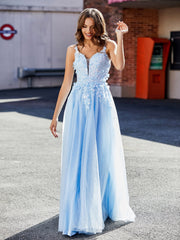 Blume Applique Rüschen Rock Tüll Kleid Himmelblau