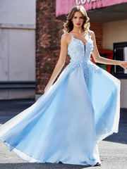 Blume Applique Rüschen Rock Tüll Kleid Himmelblau