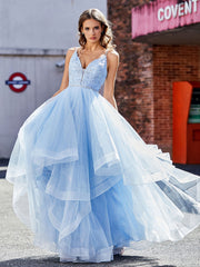 Applique Oberteil Rüschenrock Tüll Ballkleid Himmelblau