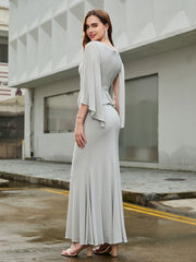 V-Ausschnitt Rüschen Bodenlanges Kleid mit Flatterärmeln Silber