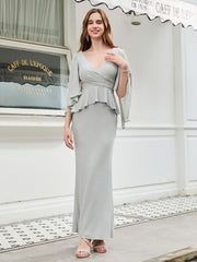 V-Ausschnitt Rüschen Bodenlanges Kleid mit Flatterärmeln Silber