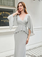 V-Ausschnitt Rüschen Bodenlanges Kleid mit Flatterärmeln Silber