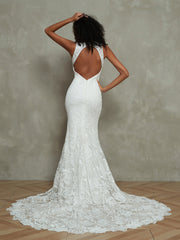 Illusion Ausschnitt Meerjungfrau Spitze Brautkleid mit Schlitz Elfenbein
