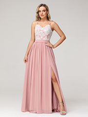 Spaghetti Träger vorne Schlitz Kleid mit Elfenbein Spitze Staubige Rosa