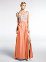 Spaghetti Träger vorne Schlitz Kleid mit Elfenbein Spitze Papaya