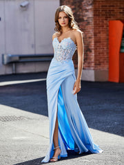 Hoher Schlitz Trägerlos Etui Satin Kleid Himmelblau