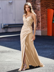 Hoher Schlitz Trägerlos Etui Satin Kleid Champagner